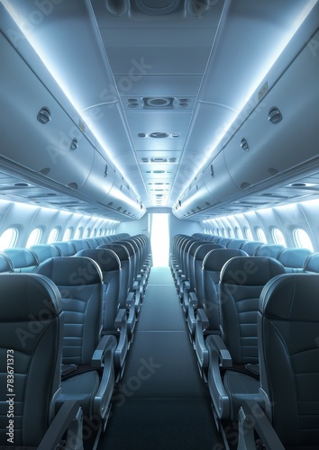 View of the plane deck, empty seats in the plane.
