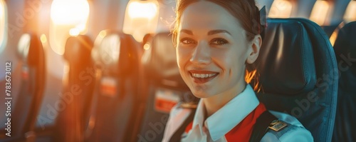 A pretty smiling stewardess in uniform is sitting in a seat on board an airplane.