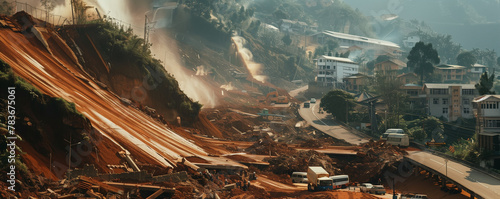 landslide demolishing infrastructure, with roads and buildings buried under a mass of earth and rocks, emphasizing the destructive power of landslides and the need for slope stabilization measures and