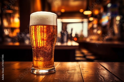 Glass of cold lager beer on bar counter with condensation and wooden bar background