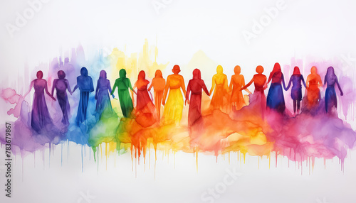 A group of people are holding hands in a rainbow line