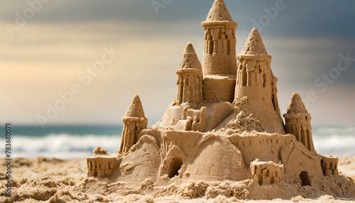 sandcastle sculpture built at the beach in vacation summer time, showcased as a wide banner with copy space area background