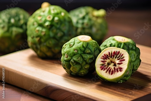 Fresh sliced noni fruit on a cutting board. The fruit has a pungent aroma like stinky cheese. Generative AI