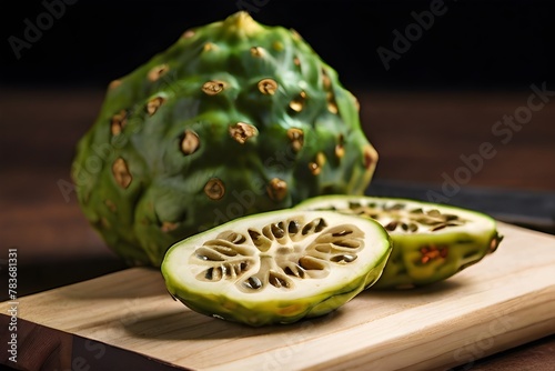 Fresh sliced noni fruit on a cutting board. The fruit has a pungent aroma like stinky cheese. Generative AI