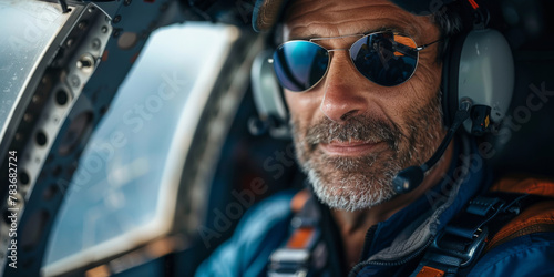 Experienced Pilot Wearing Sunglasses in Cockpit