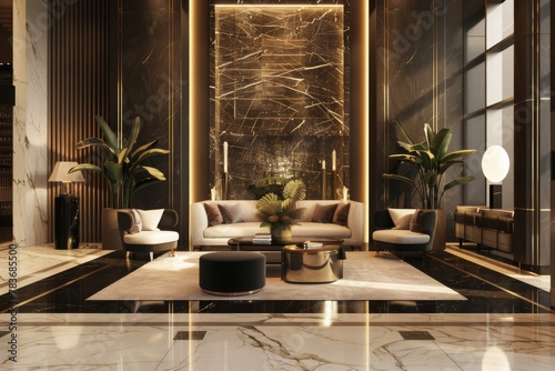 A grand hotel lobby podium with luxurious decor and elegance for premium lifestyle products