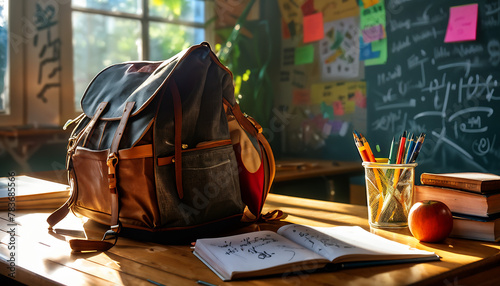 Student backpack and stationery supplies in a school Classroom for back to school concept