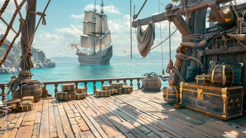 A pirate ship deck podium with treasure chests and ocean views for adventure products