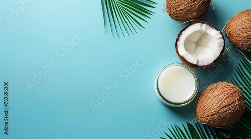 Banner for commerce with coconut oil in a jar on blue background.Tropical leaves, coconuts in minimalist style. Beauty concept. Cover, certificate of massage parlor, spa salon. 