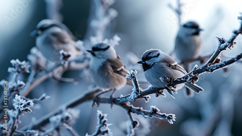 A Charming Scene of Chickadees Perched on Flowering Branches