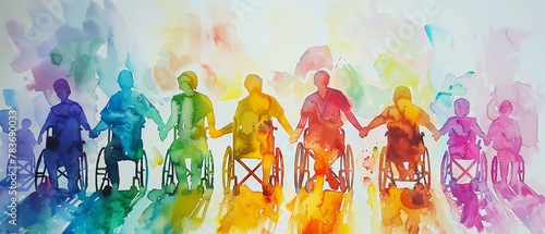 A colorful work of art depicting a diverse community of people celebrating International Day of Persons with Disabilities, with a wheelchair symbol in the background. 