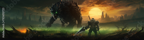 Epic Fantasy Battle Scene with Warrior and Dark Beast