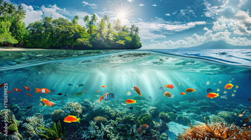 A split-view captures the tropical island above and fish swimming gracefully underwater, offering a mesmerizing glimpse of marine life and island beauty.