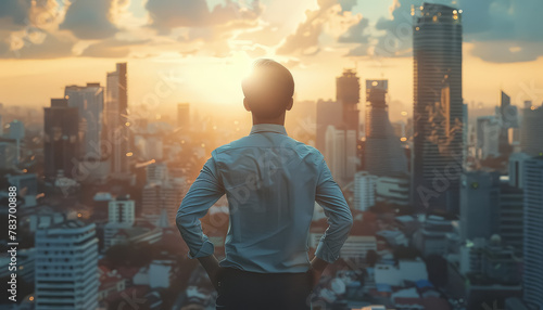 A man in a white shirt stands in front of a city skyline, looking up at the sun