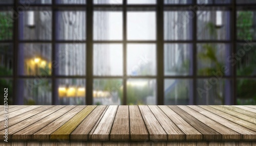 Metropolis Montage: Empty Wood Table Top Against Urban Scene