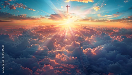 The cross of Jesus Christ is seen in the sky above clouds, with rays shining down on it