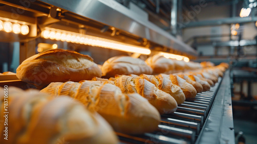 Fresh French baguettes on production line in bakery. Food manufacturing, close-up