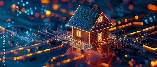 A conceptual smart home glows atop a digital motherboard