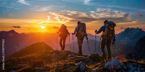 Three hikers with backpacks on their backs, walking up the mountain at sunset