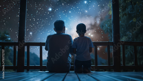 A man and a boy are sitting on a porch looking up at the stars