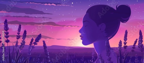 Portrait of a woman standing gracefully in a field of lavender flowers during the beautiful sunset and the onset of night