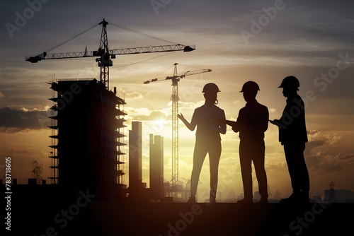 Architect, civil engineer, worker check project at building site, sunset silhouette photo