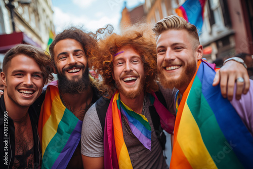 Diverse young friends with rainbow flag celebrating pride festival in city - LGBTQ community concept