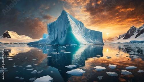 Antarctic sea iceberg floating for climate change and environmental conservation and ice melting and sea level due to ozone layer danger, wide banner poster with copyspace 