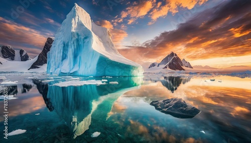 Antarctic sea iceberg floating for climate change and environmental conservation and ice melting and sea level due to ozone layer danger, wide banner poster with copyspace 