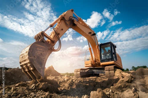 Excavator in action, reshaping earth at construction site