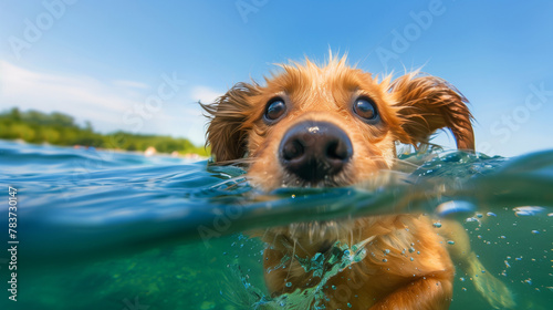 A cute golden retriever puppy swimming in the clear water of an American lake, with its tongue hanging out and big eyes looking at you happily. The clear blue sky, natural scenery, and sunny day. 