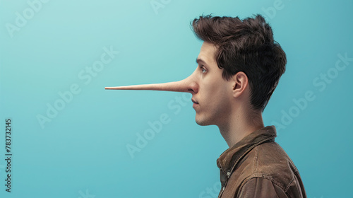 Side view of a man with a long nose. concept of Dishonest Liar man, on pastel blue background