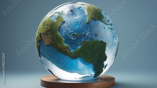 Detailed Globe Illustration Featuring North and South America, Oceans, and Green Landmasses on Wooden Stand