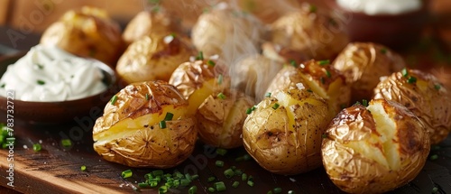 A close-up of freshly baked potatoes, with a crisp golden exterior and a fluffy, steaming interior. They are sprinkled with chopped green onions and served with a tantalizing side of sour cream.