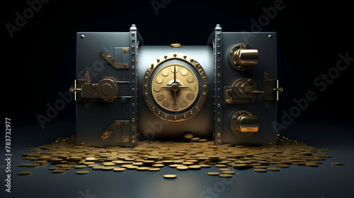 A 3D rendering of a bank vault and coins,