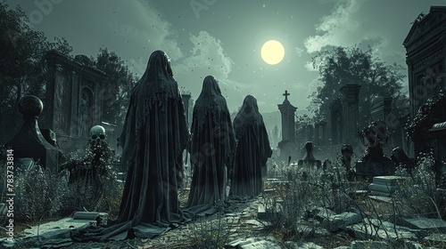 Hooded figures, ancient scrolls, hidden chambers, unveiling the secret societies in a moonlit cemetery, 3D render