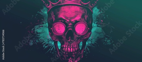 Skull adorned with a regal crown, set in steampunk glasses and illuminated by pink and green lights on a dark background.