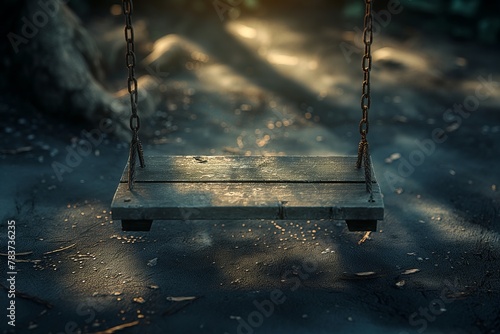 close-up swing in the forest and park, green plants and sunlight, neon, swing on a tree, solitude and loneliness, calm and tranquility. swing on rope and chains with a wooden seat. swing in the city