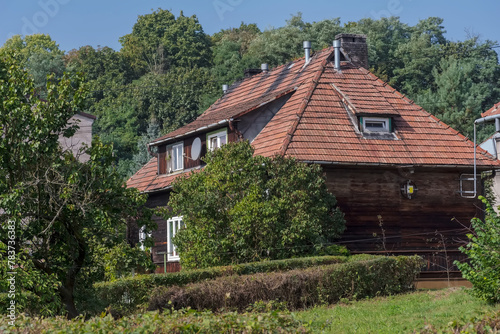 Dom „fiński”, zabytkowy drewniany dom wśród drzew. Stary dom wielorodzinny w mieście przy ulicy bogatej w liczne stare drzewa. Dom z dachem pokrytym dachówką ceramiczną.