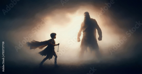 Watercolor illustration David and Goliath. Bible story of young Shepherd boy defeating a giant Warrior with a simple pebble and slingshot. Victorious concept. Foggy cinematic background battlefield. 