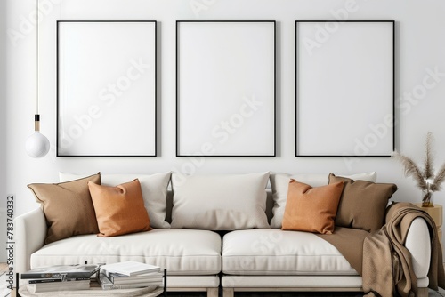 Poster frame mock-up in home interior background with modern sofa and decor in living room, 3d render. Beautiful simple AI generated image in 4K, unique.