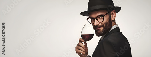 Hasidic orthodox jewish man with glass of red wine in his hand isolated on white background. Wine degustation and sommelier. Wine festival, holiday celebration. Happy Passover, Yom Kippur, Purim