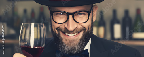 Hasidic orthodox jewish man with glass of red wine in his hand on blurred background. Wine degustation and sommelier. Wine festival, holiday celebration. Happy Passover, Yom Kippur, Purim