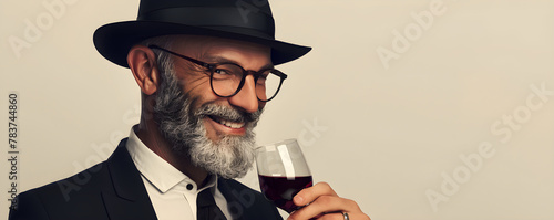 Hasidic orthodox jewish man with glass of red wine in his hand isolated on beige background. Wine degustation and sommelier. Wine festival, holiday celebration. Happy Passover, Yom Kippur, Purim