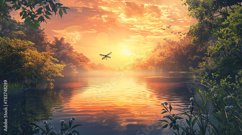 A tranquil river scene at sunset