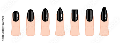 Set of different nail shapes in black. The nails are completely covered with varnish.