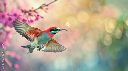 A colorful song bird flying over a tree with pink flowers