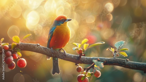 A colorful song bird perching on a tree branch