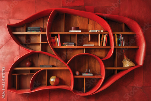 Craft an abstract bookshelf with whimsical curves, set against a backdrop of bold, crimson walls