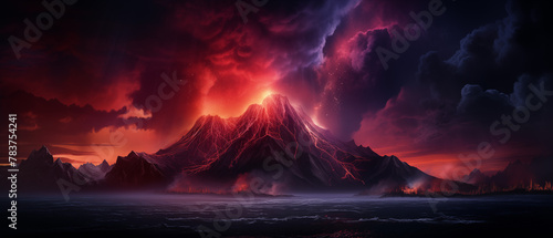 Volcanic Eruption in a Dramatic Red Twilight Digital Artwork